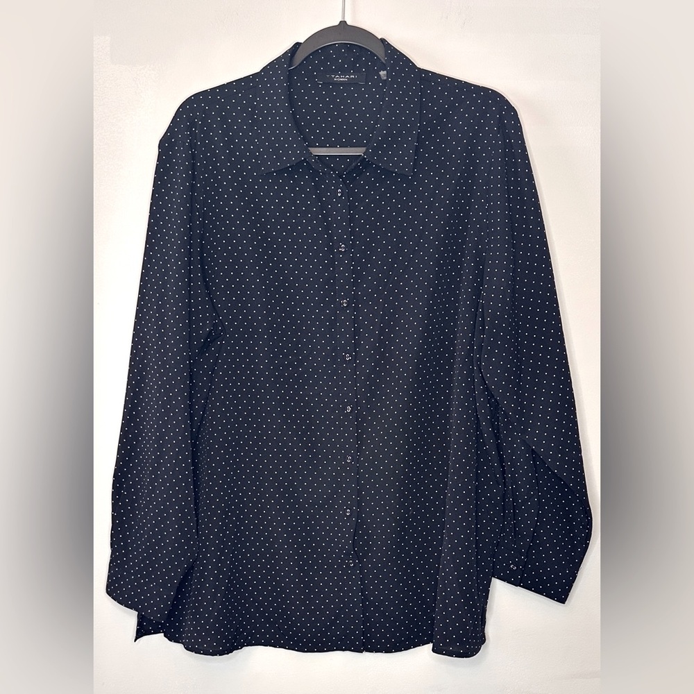 T Tahari Woman Black and White Polka Dot Sheer Blouse, 1X